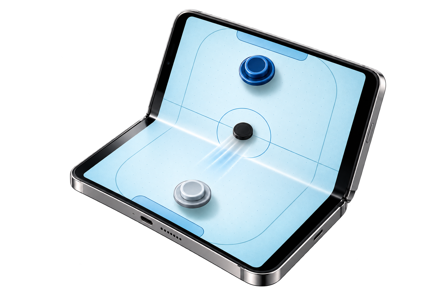 Illustration of a foldable phone with an air hockey table